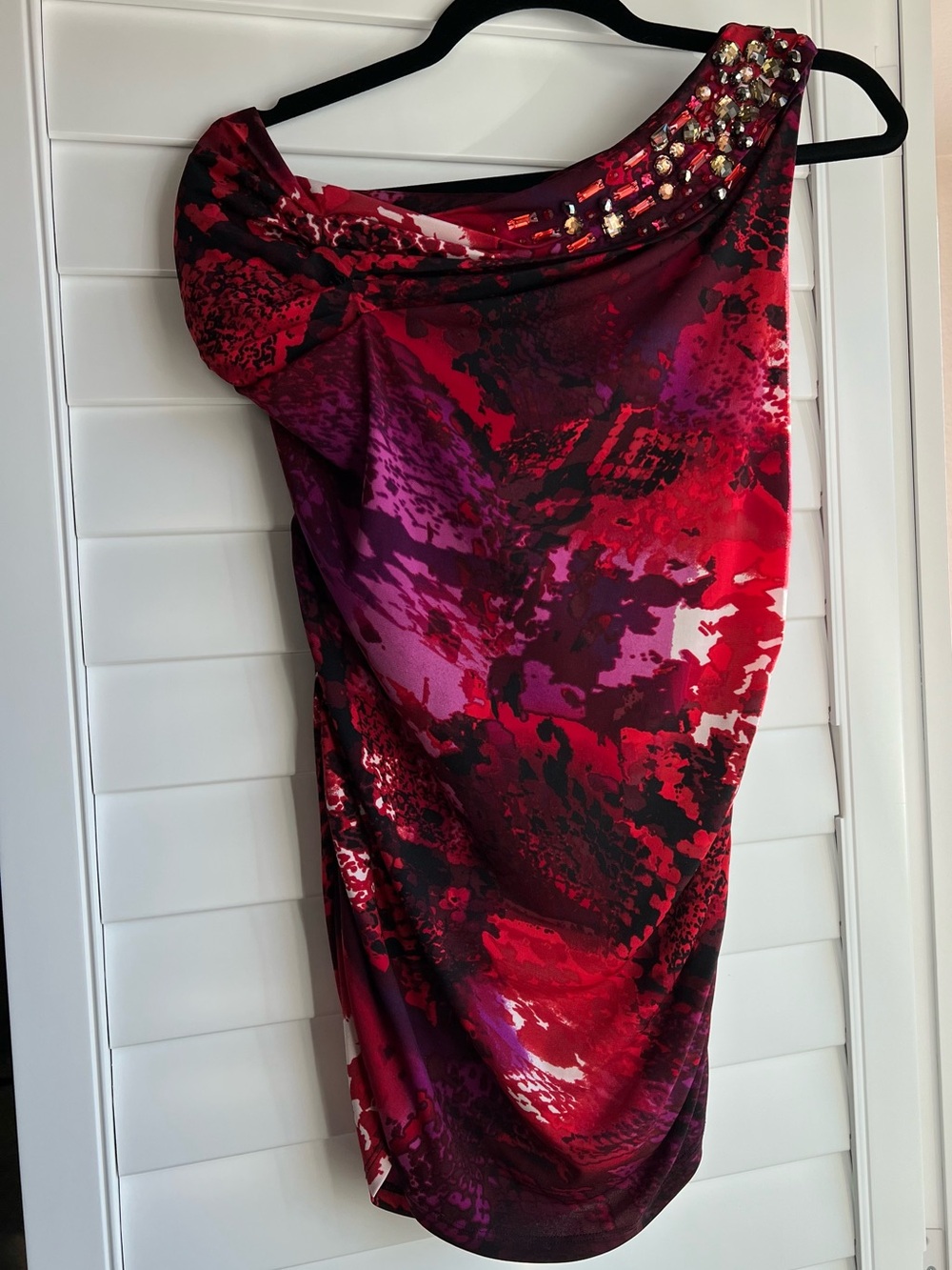 Cache Red and Purple Beaded One-Shoulder Blouse